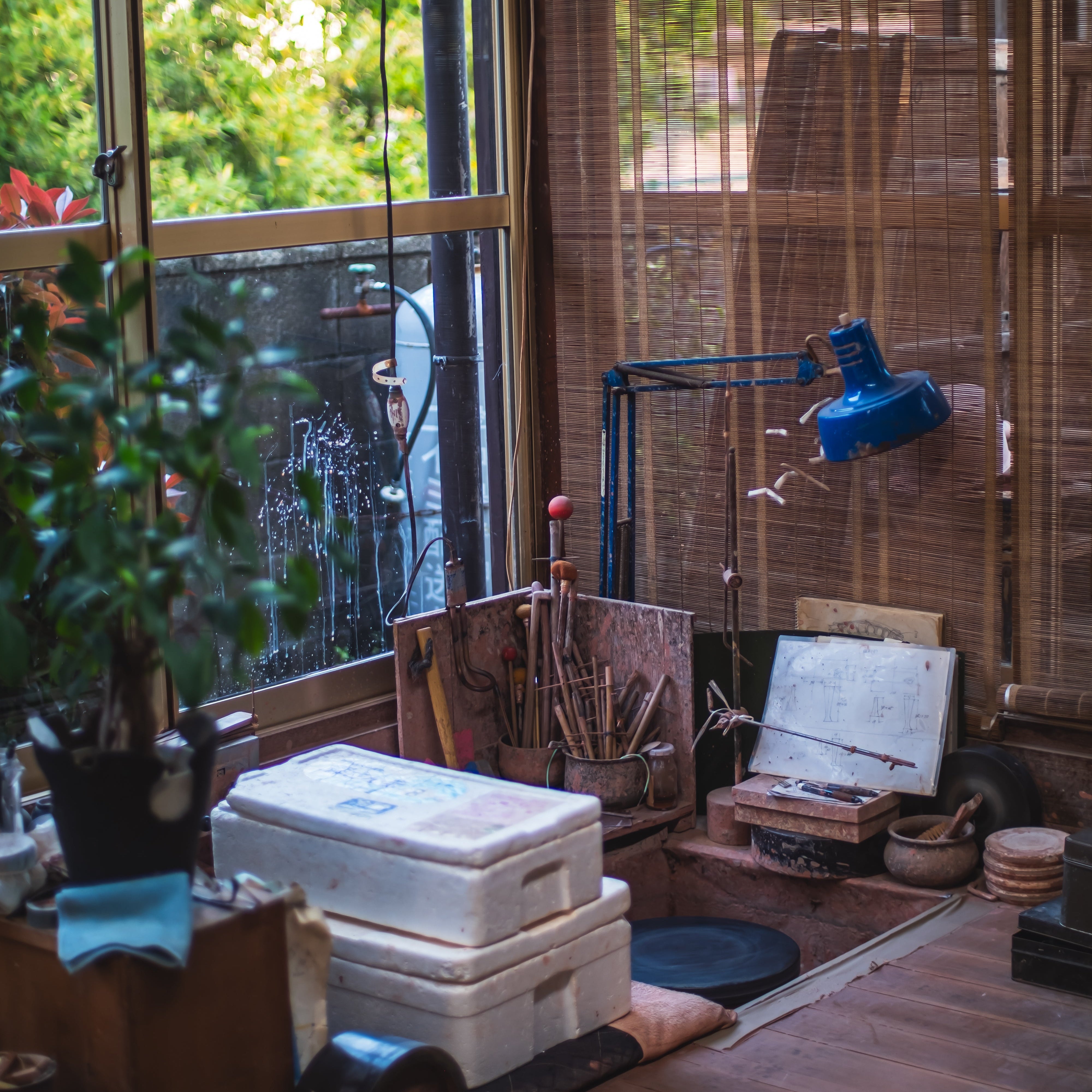 Indoors setting with storage boxes, tools, and plants near a window.
