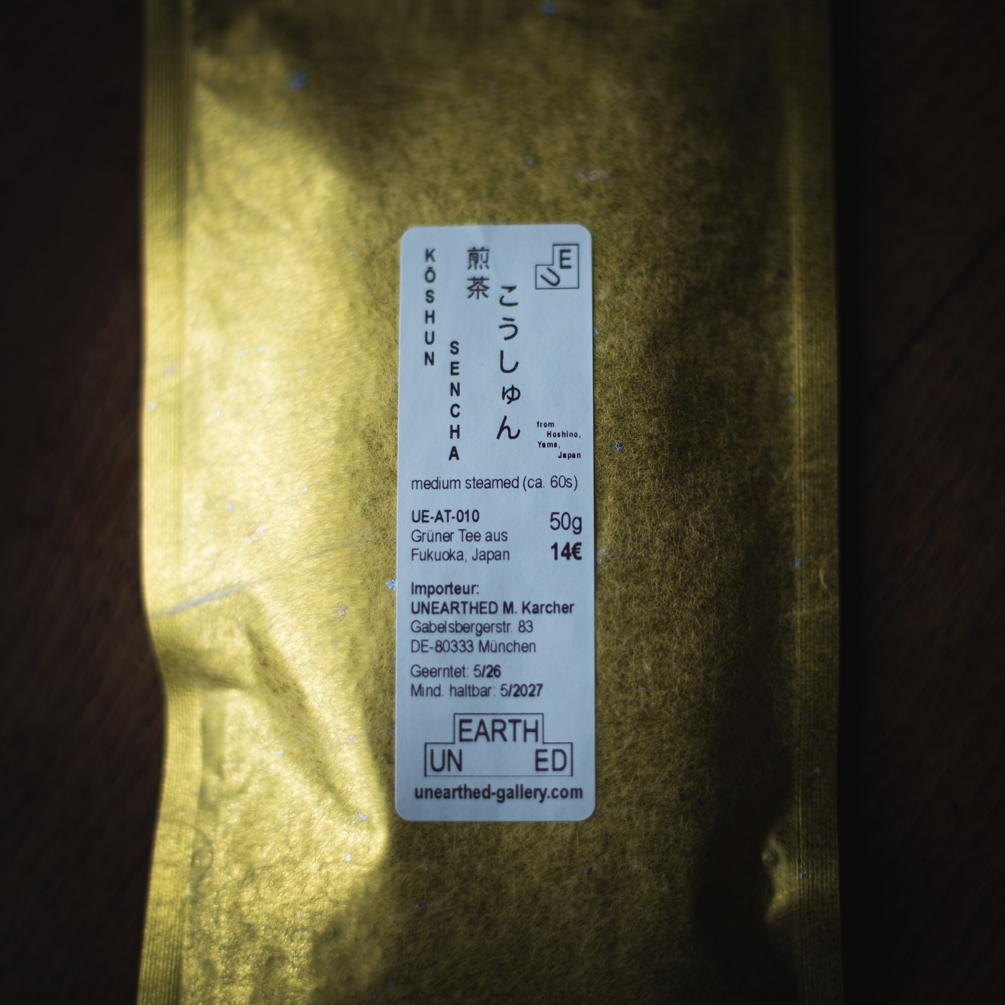 Koshun Sencha 50g — washi pouch with UNEARTHED label, medium steamed