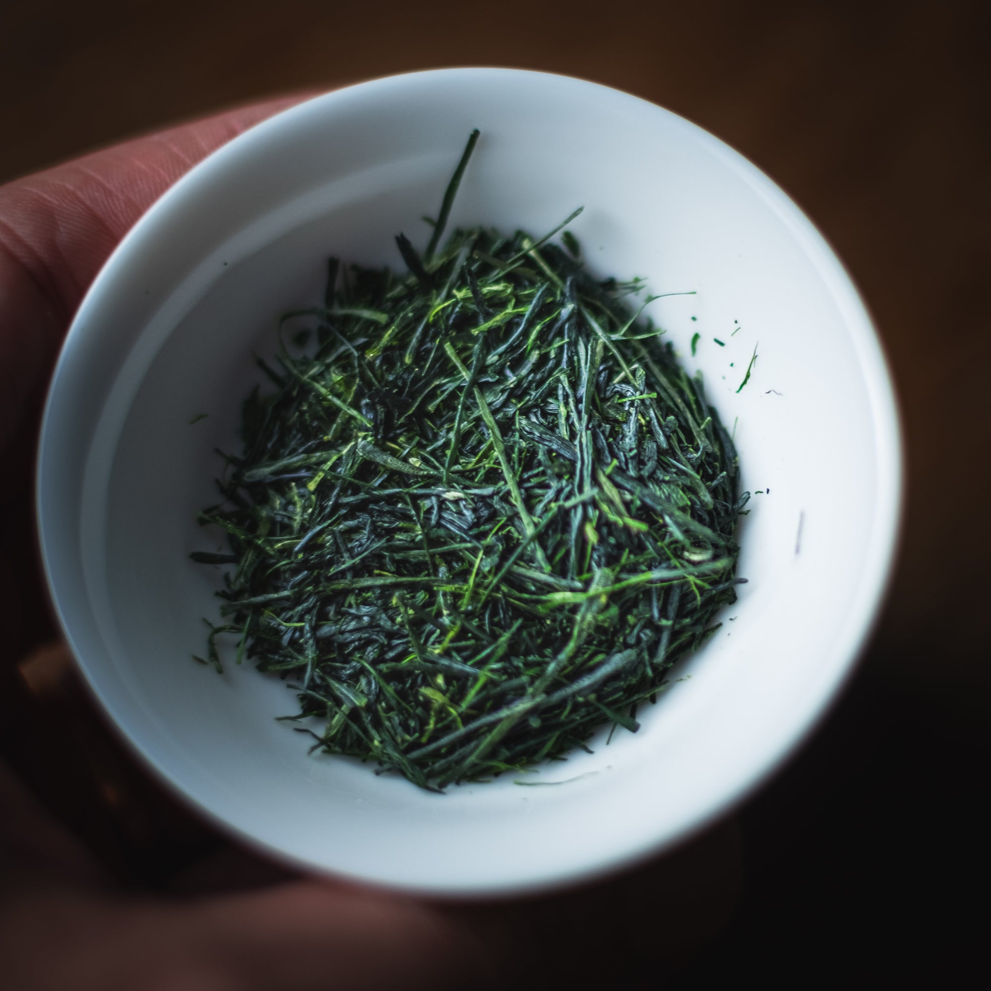 Hon Gyokuro Kirari31 — leaf detail in a white cup held in hand