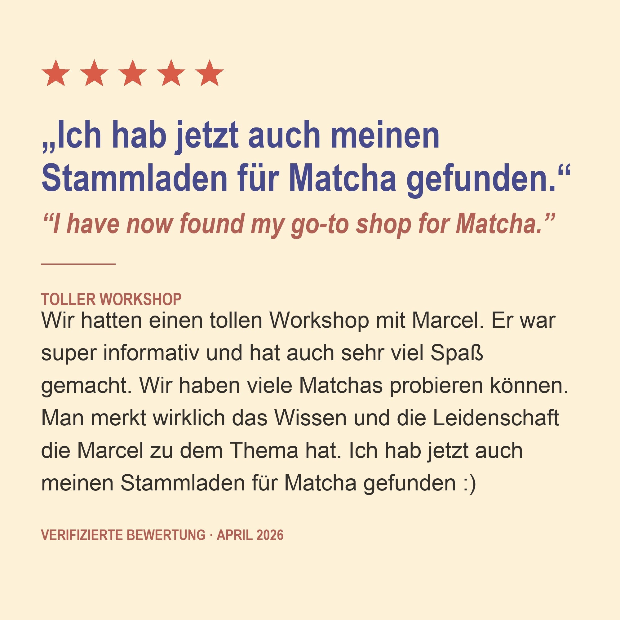 Verified five-star guest review of the Specialty Matcha Workshop in German, with English translation