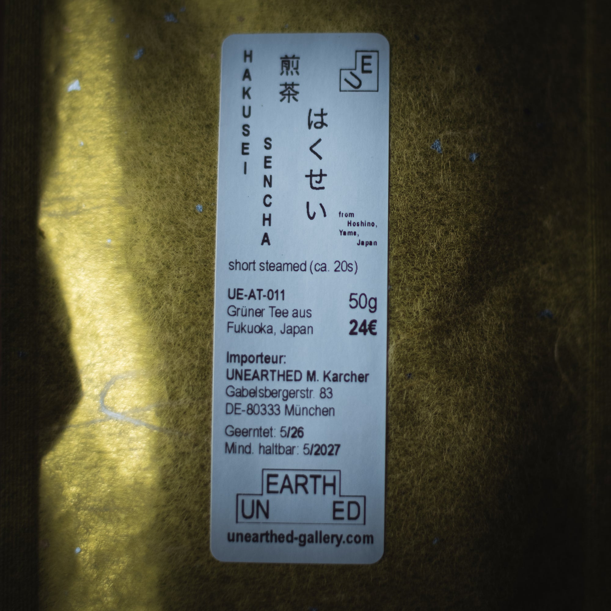 Hakusei Sencha 50g — washi pouch with UNEARTHED label, short steamed