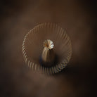 A top-down view of a beige ribbed plastic cup with a flared rim and a small textured center, set against a dark brown gradient background.