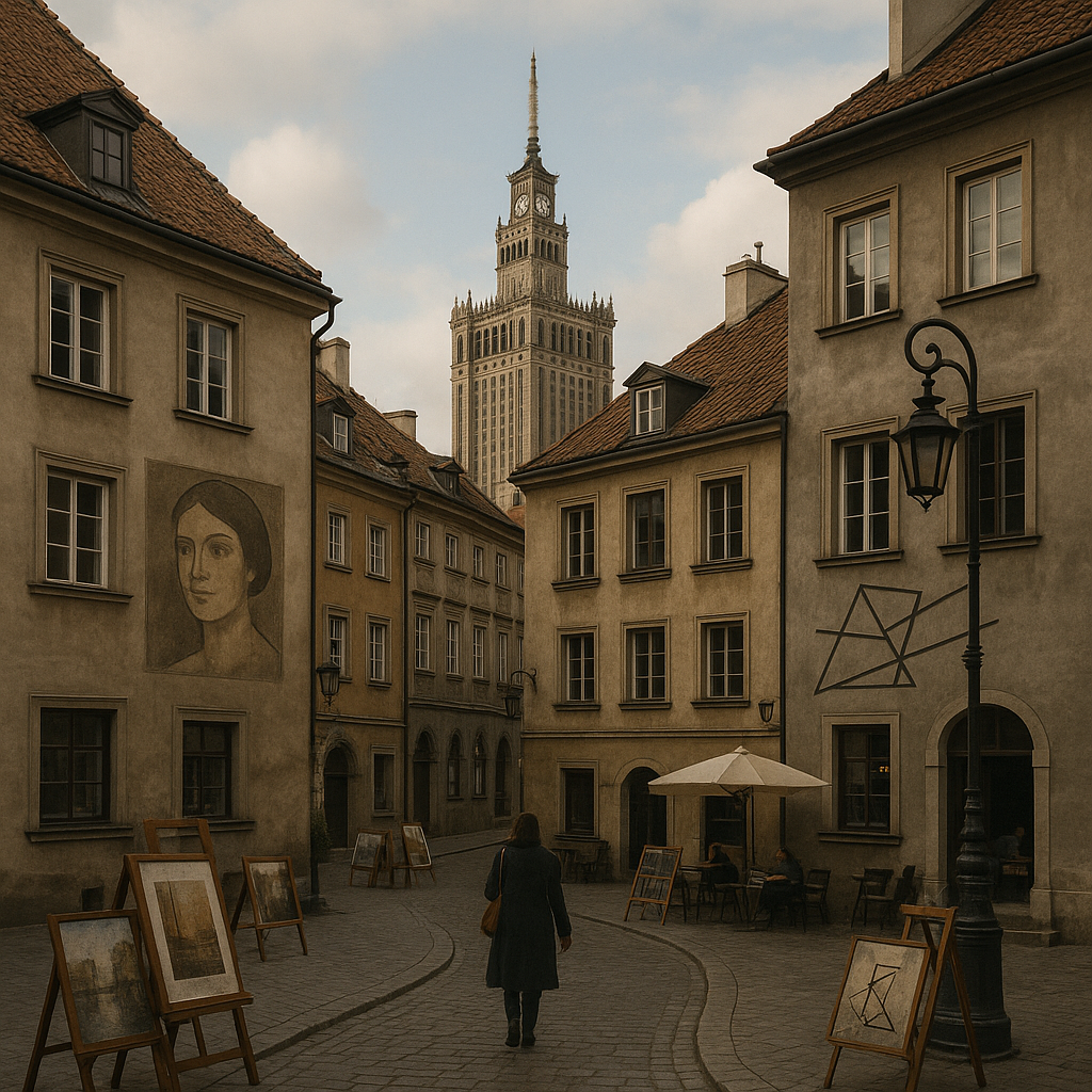 Street scene in an old European city with historic buildings and a clock tower.