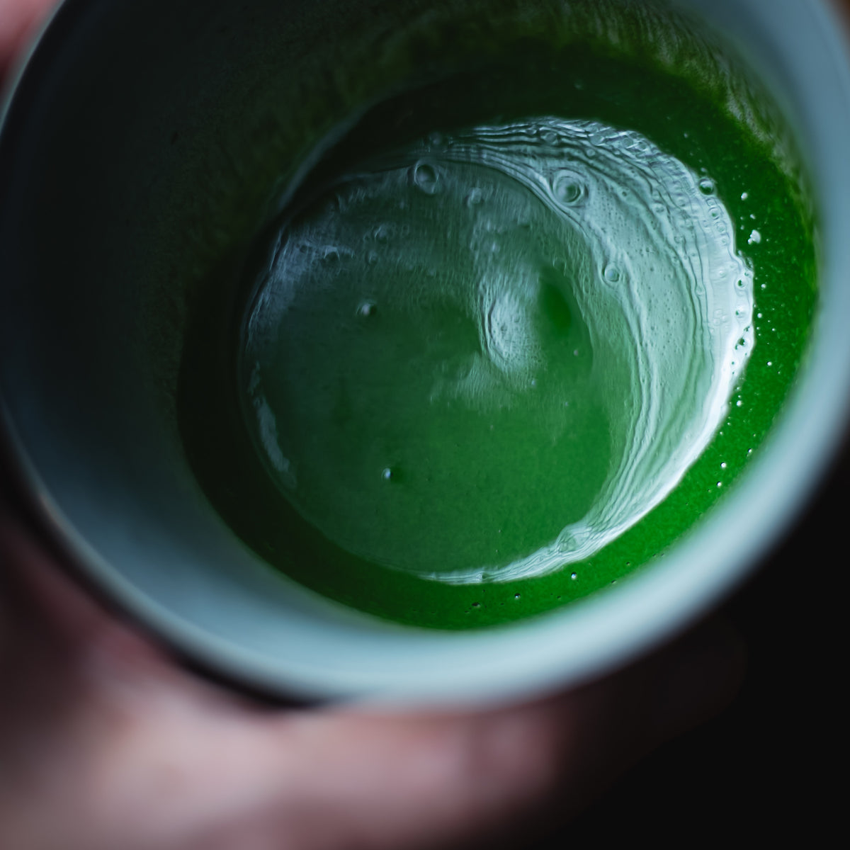 Okumidori Matcha, first strokes of whisking in the grey bowl