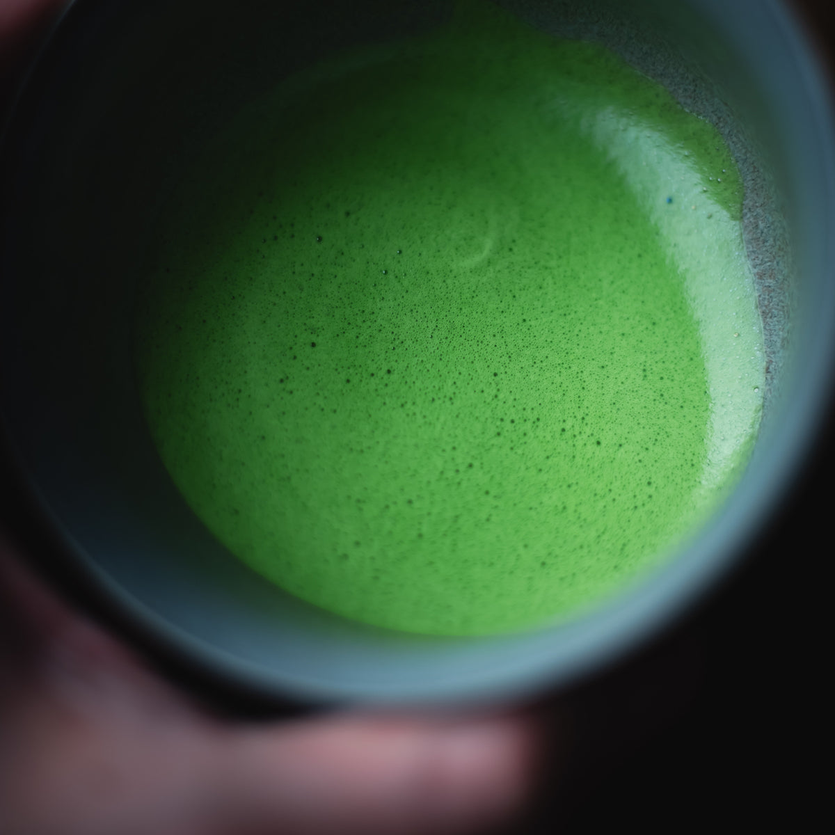 Okumidori Matcha, finished usucha in the grey bowl, held in hand
