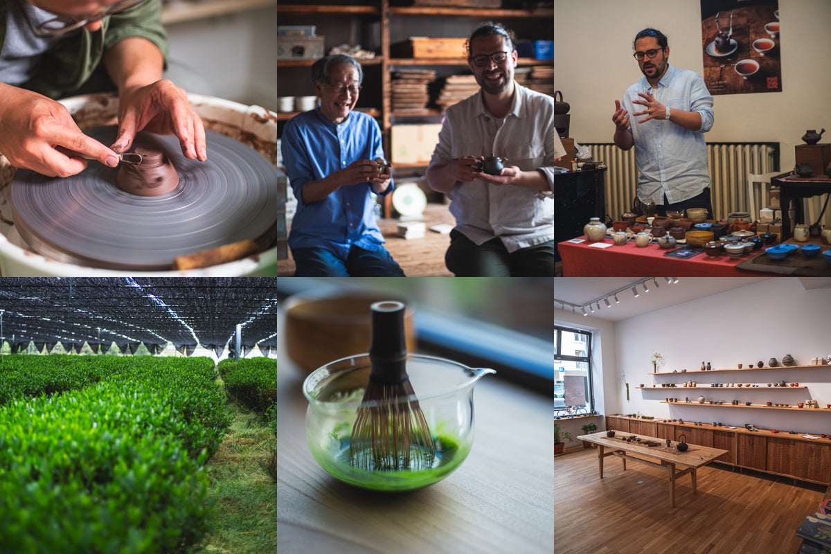 Marcel Karcher's hands at the potter's wheel, Marcel with a potter in Tokoname, presenting at a tea festival, a shaded tencha field in Yame, whisked matcha in the UNEARTHED glass pitcher, and the gallery in Munich