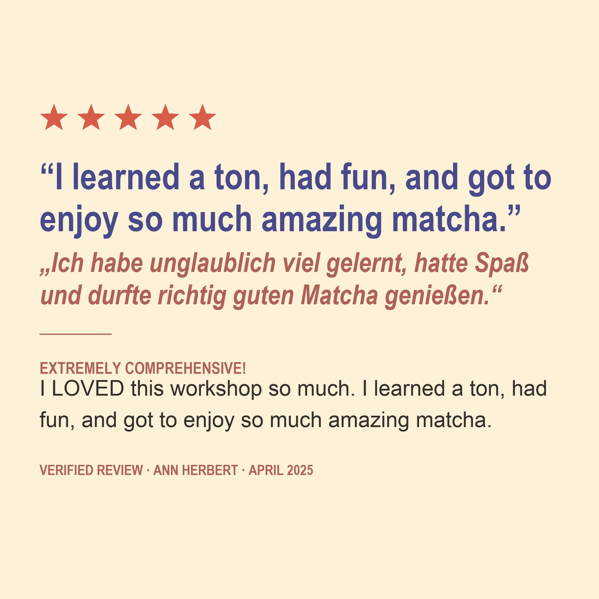 Verified five-star guest review of the Specialty Matcha Workshop in English, with German translation